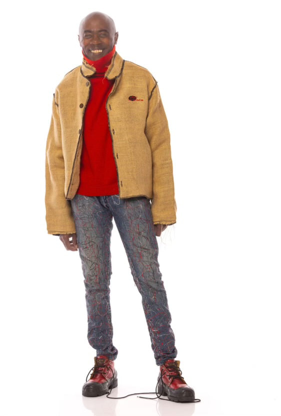 Tan Burlap Jacket With Corduroy Lining + Jeans